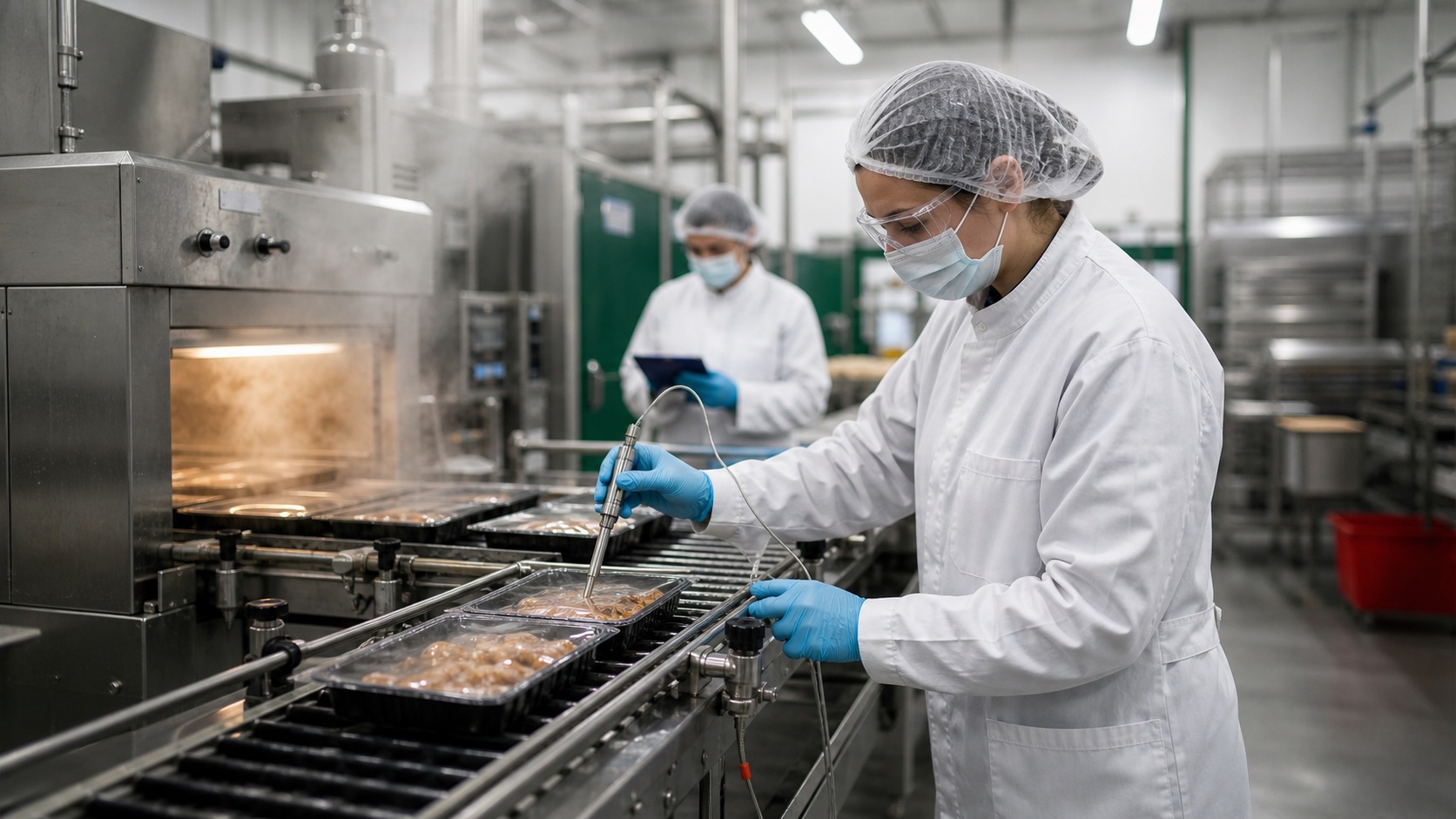 Gıda üretim hattında kalibre edilmiş probla ürün sıcaklığını ölçen kalite teknisyeni